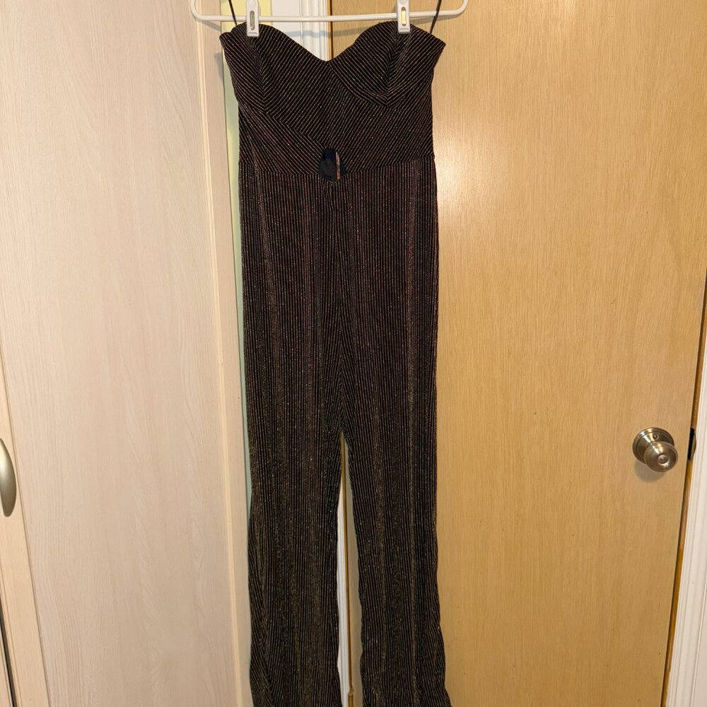 Black & Gold Pinstripe Strapless Jumpsuit